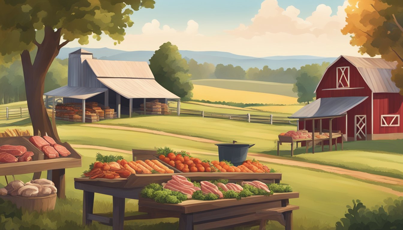 A rustic farm stand with a variety of fresh meats on display, surrounded by rolling fields and a charming barn in the background