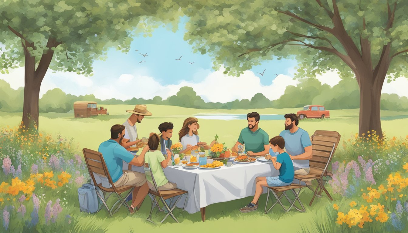 A family picnic in a Texas park, with reusable plates and utensils, surrounded by blooming wildflowers and wildlife