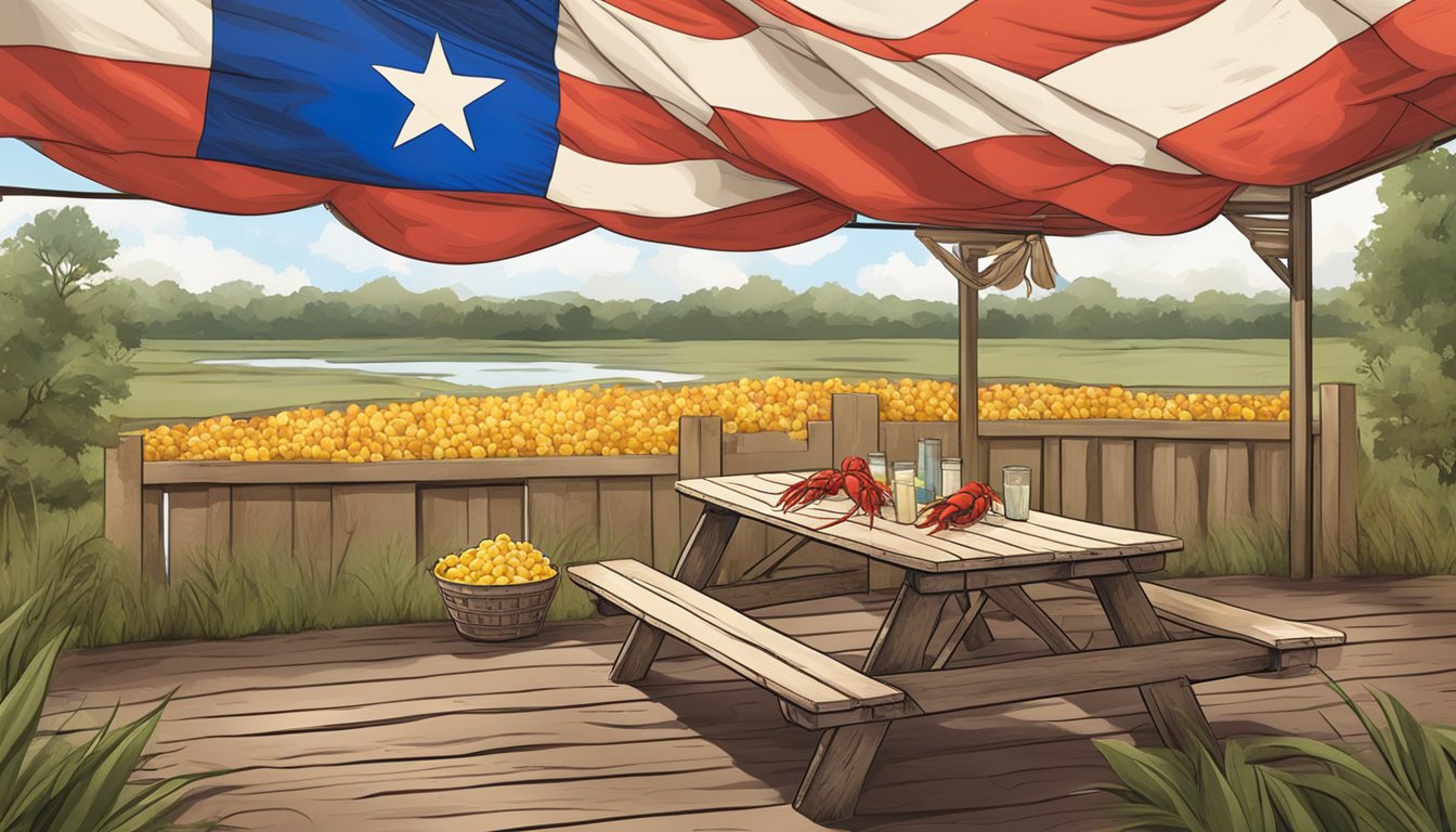 A rustic outdoor picnic table covered in red crawfish, corn, and potatoes with a Texas flag waving in the background