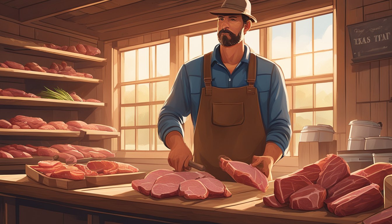 A farmer in Texas holds a variety of fresh cuts of meat, displayed on a wooden counter at a local farm market. The sun shines through the open barn doors, casting a warm glow on the scene