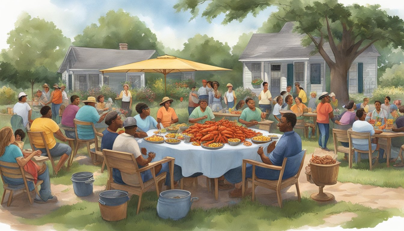 A table set with a steaming pot of crawfish, corn, and potatoes, surrounded by eager diners in a Texas backyard