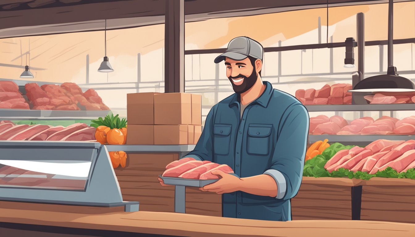 A farmer handing over a package of fresh meat to a customer at a farm in Texas. The customer is smiling and the farmer is standing behind a counter