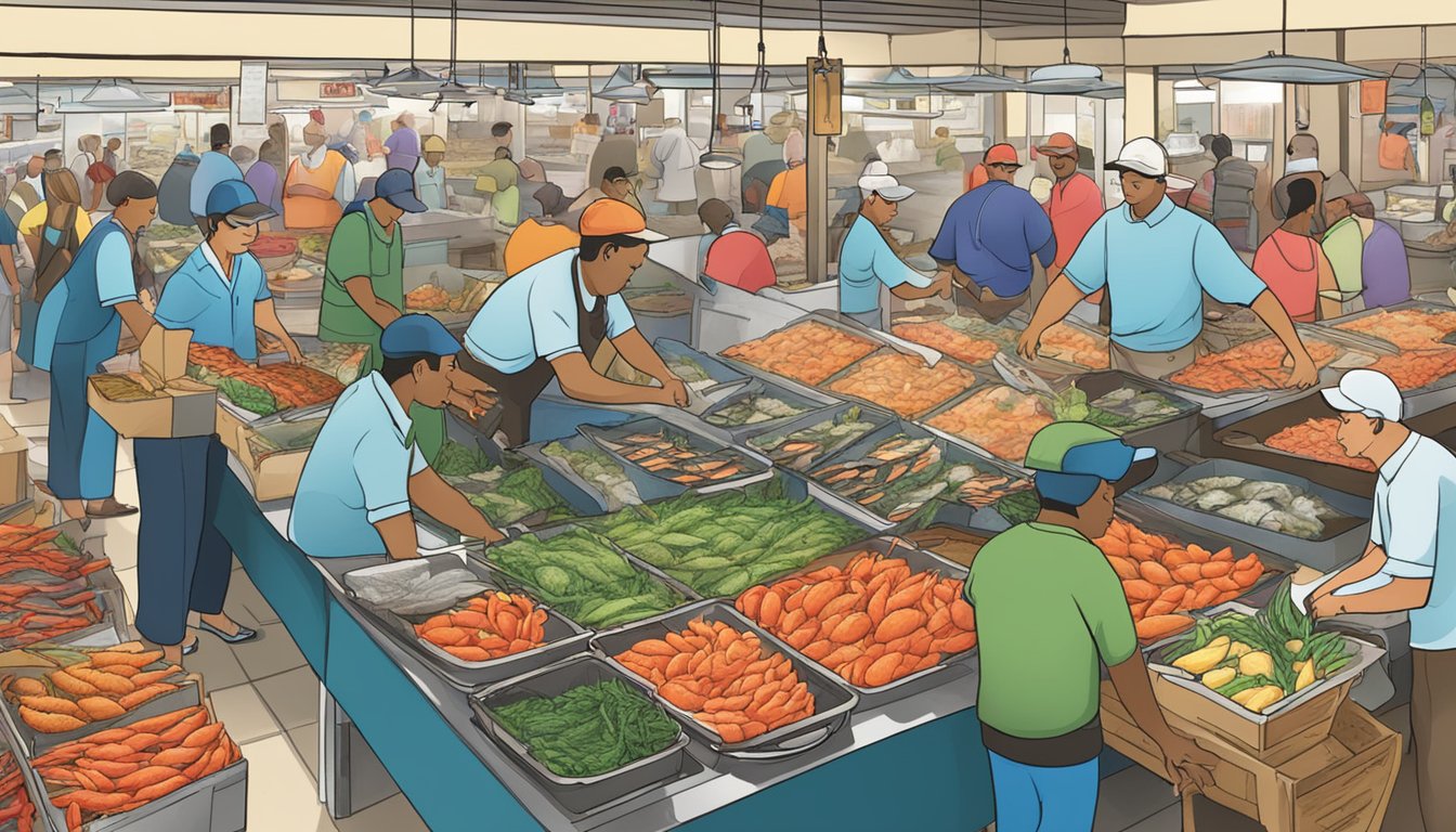 A bustling seafood market with colorful displays of fresh fish, shrimp, and crawfish. Customers eagerly select their seafood as vendors call out their daily specials