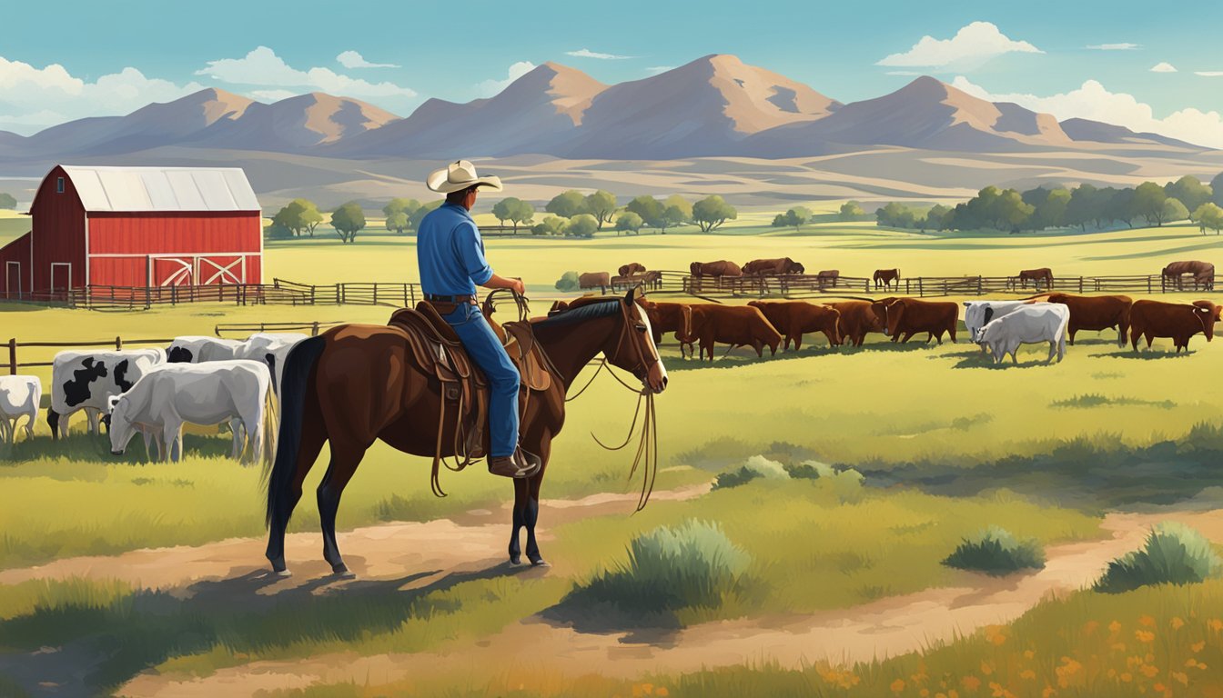 A cowboy in a Texas ranch, surrounded by grazing cattle and a red barn, with a backdrop of rolling hills and a clear blue sky