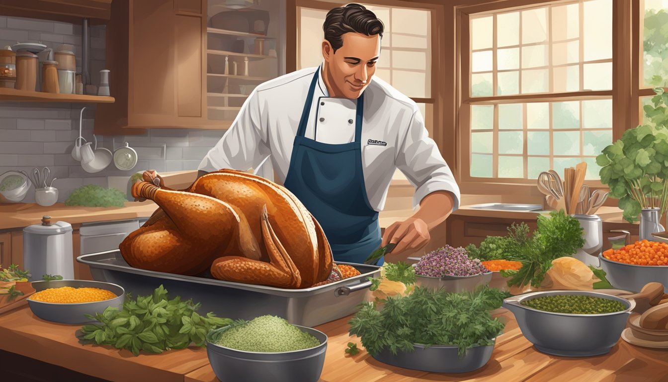 A chef seasoning and basting a large turkey in a Texas kitchen, surrounded by fresh herbs and spices