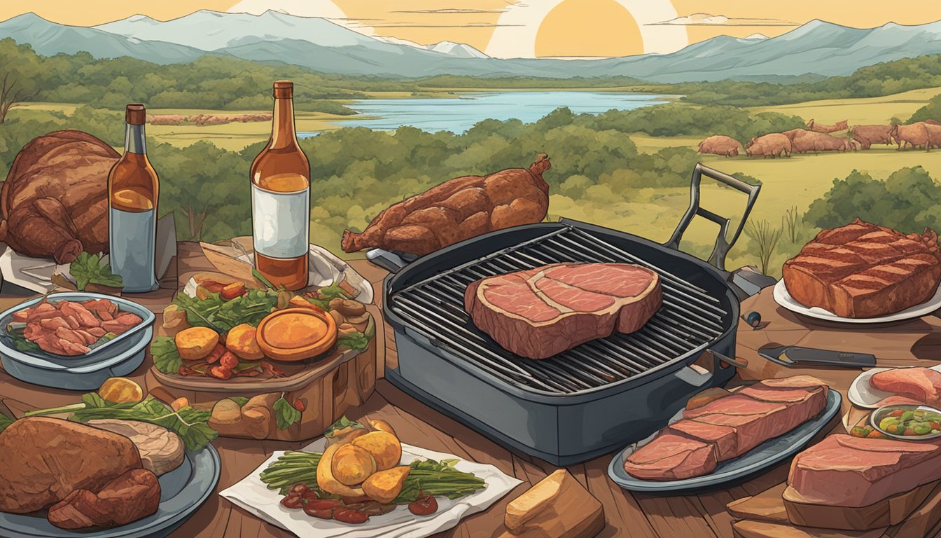 A Texas landscape with a large steak on a grill, surrounded by other meats such as chicken, pork, and fish. The red meat stands out among the others