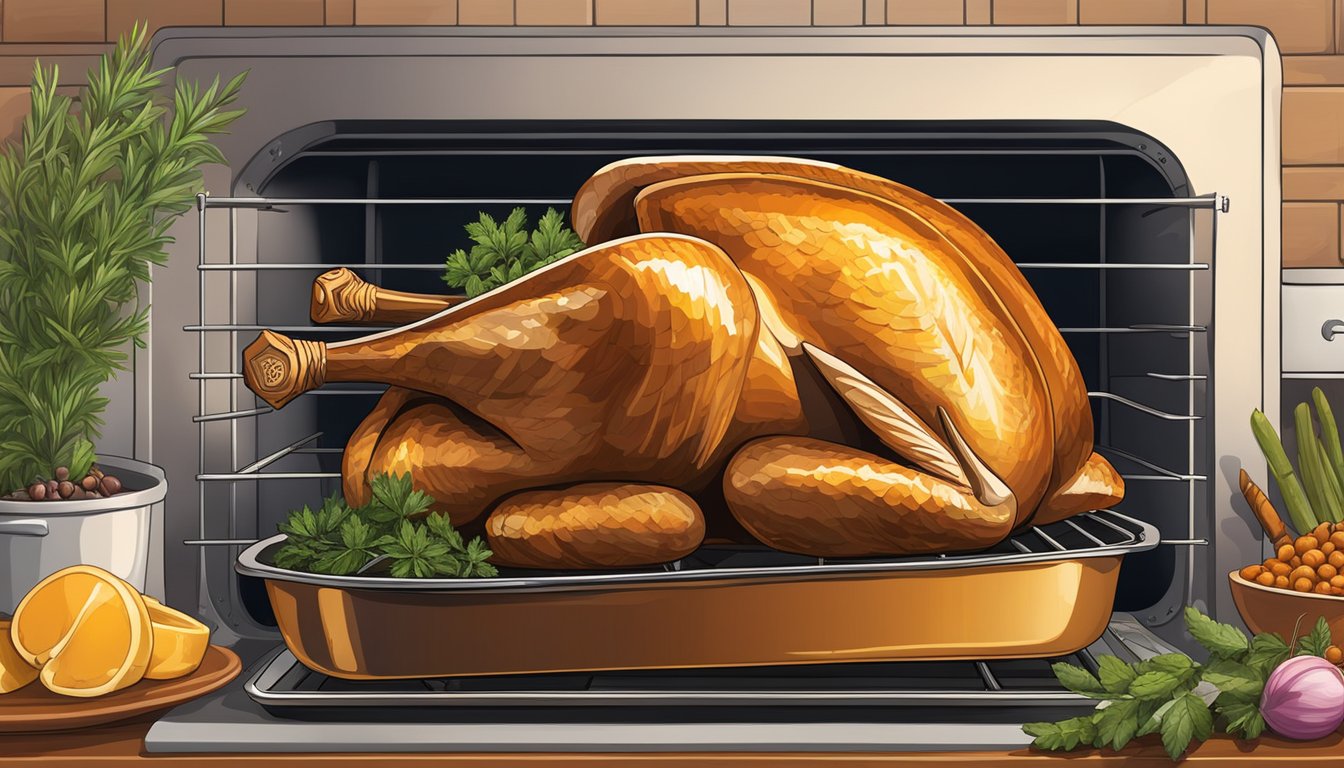 A golden-brown turkey roasting in a Texas oven, surrounded by a variety of herbs and spices, filling the air with a mouthwatering aroma