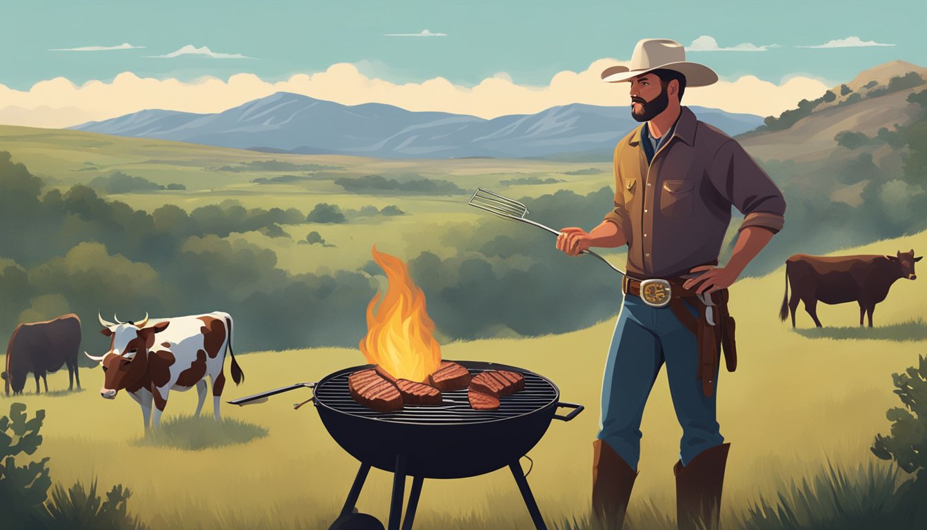 A Texan cowboy grilling a large steak over an open flame, surrounded by a landscape of rolling hills and grazing cattle