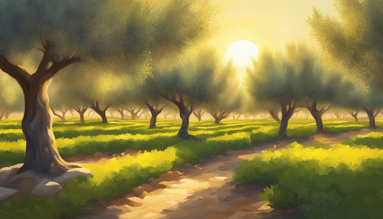 A sun-drenched olive grove in Texas, with rows of vibrant green trees heavy with plump olives. The golden sunlight illuminates the leaves, creating a warm and inviting atmosphere