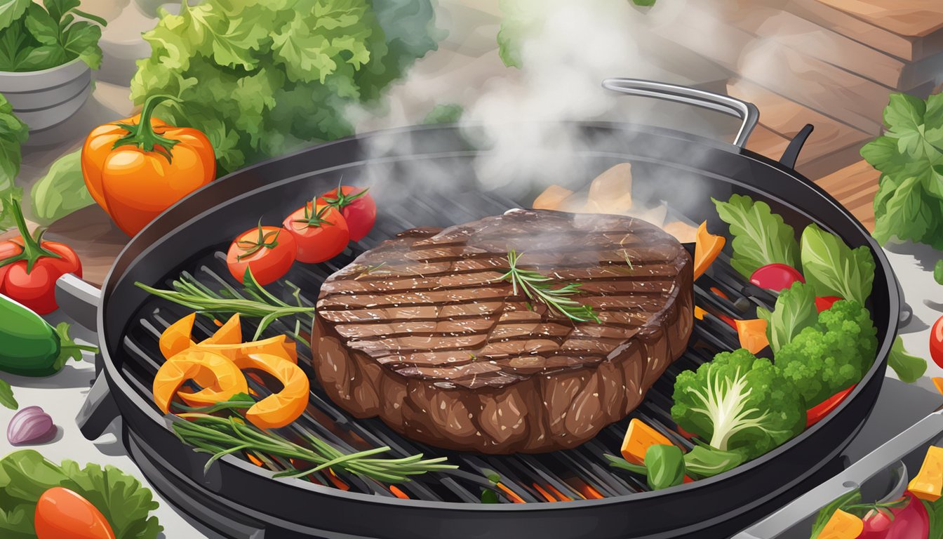 A sizzling steak on a grill with smoke rising, surrounded by fresh vegetables and herbs