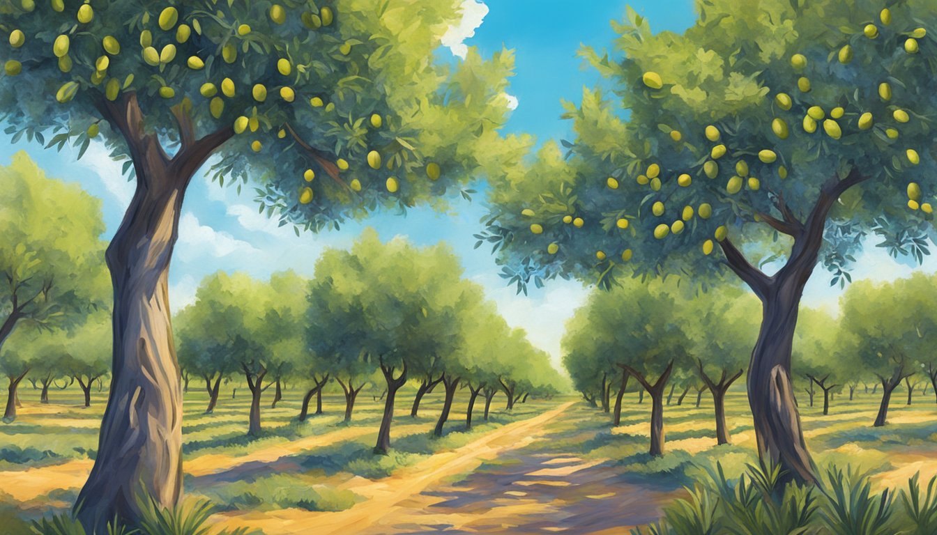 A lush olive grove in Texas, with rows of healthy, green olive trees under a bright blue sky