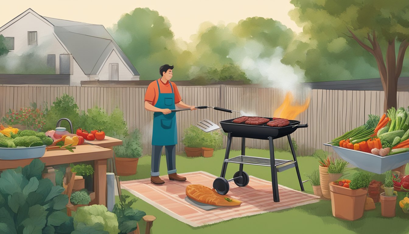 A person grilling red meat in a backyard in Texas, surrounded by a variety of fresh vegetables and herbs