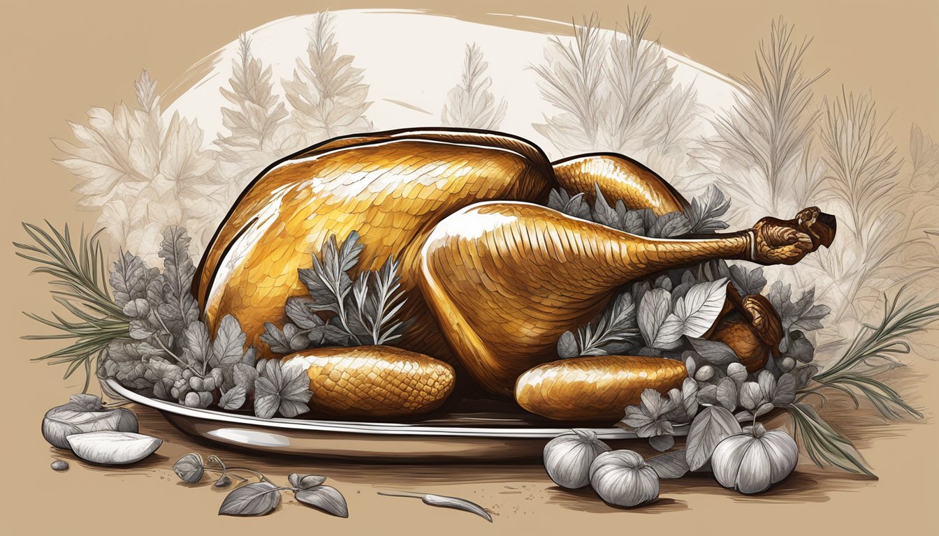 A golden-brown turkey roasting in a Texas oven, surrounded by aromatic herbs and spices