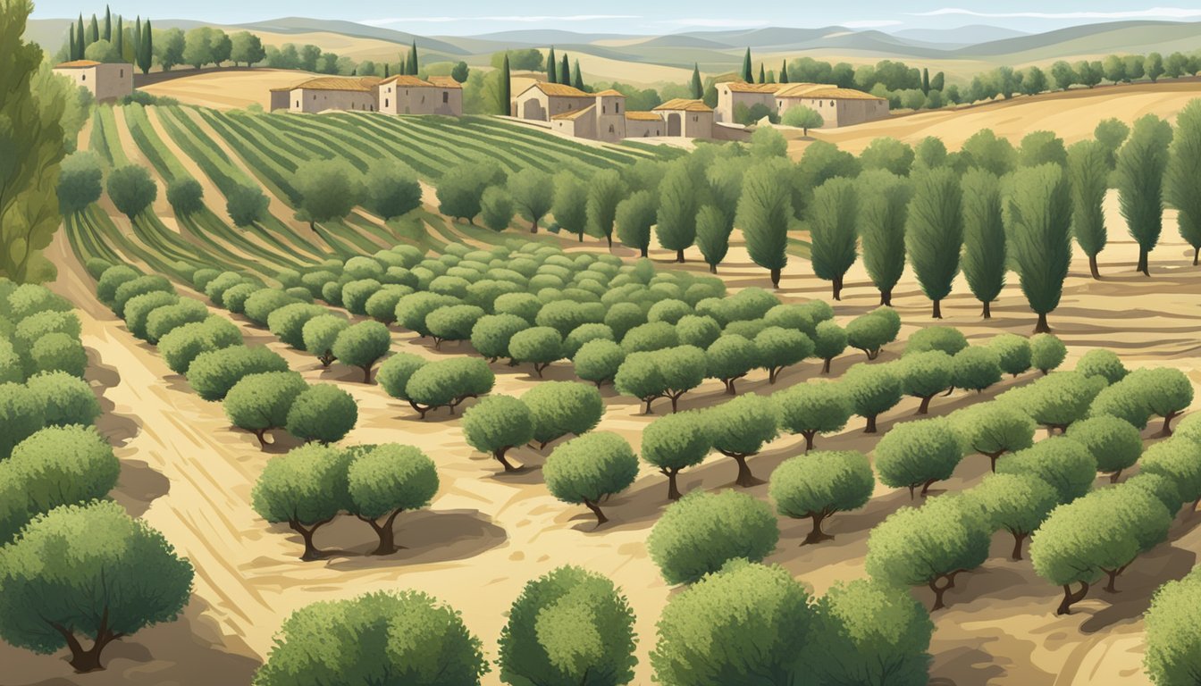 A sprawling olive grove in Spain, with rows of trees heavy with ripe olives. A traditional stone mill and modern machinery show the industry's evolution