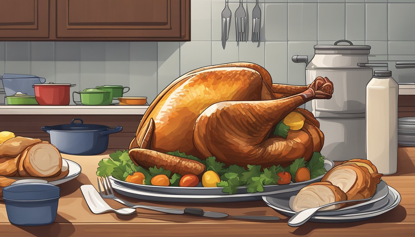 A roasted turkey sitting on a kitchen counter next to various storage containers and leftover dishes, with a Texas flag hanging in the background