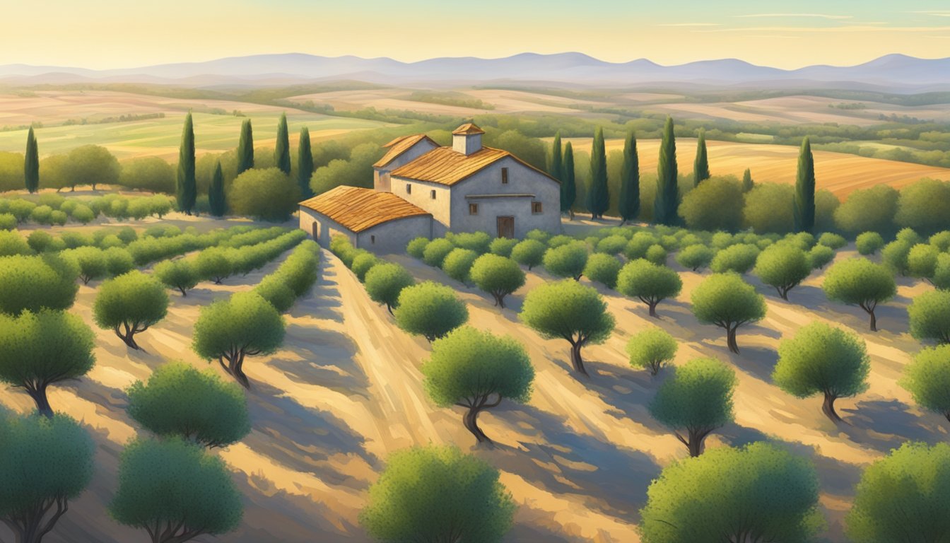 A sprawling olive grove under the Texas sun, with rows of vibrant green trees and a rustic farmhouse in the distance