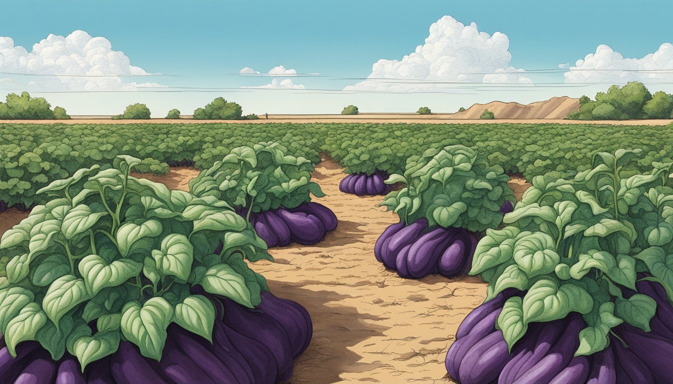 Lush eggplant plants thriving under the hot Texas sun, surrounded by dry soil and a clear blue sky