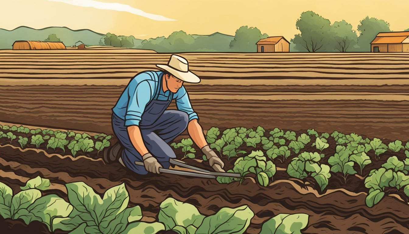 A farmer tilling the rich, dark soil under the hot Texas sun, preparing the land for the late summer cultivation of eggplants