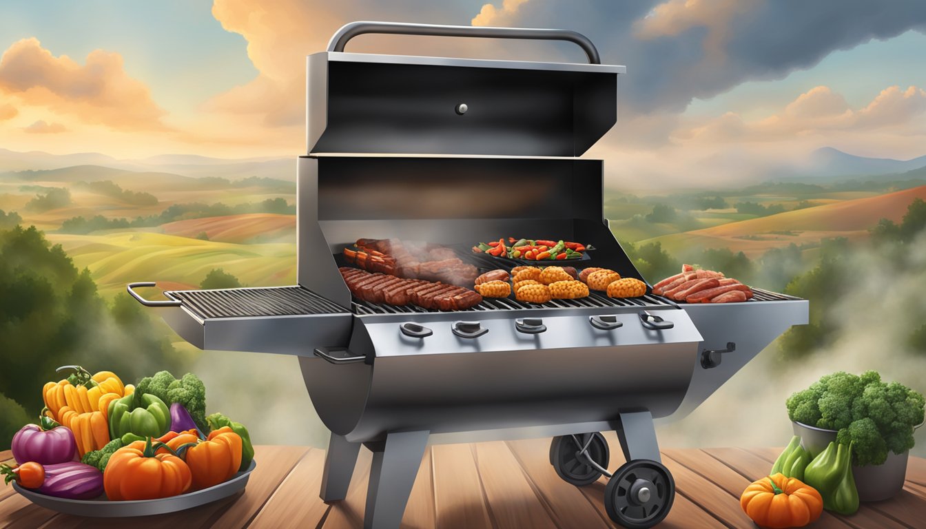 A large grill sizzling with various meats and vegetables, surrounded by a cloud of aromatic smoke, set against a backdrop of the Texas countryside