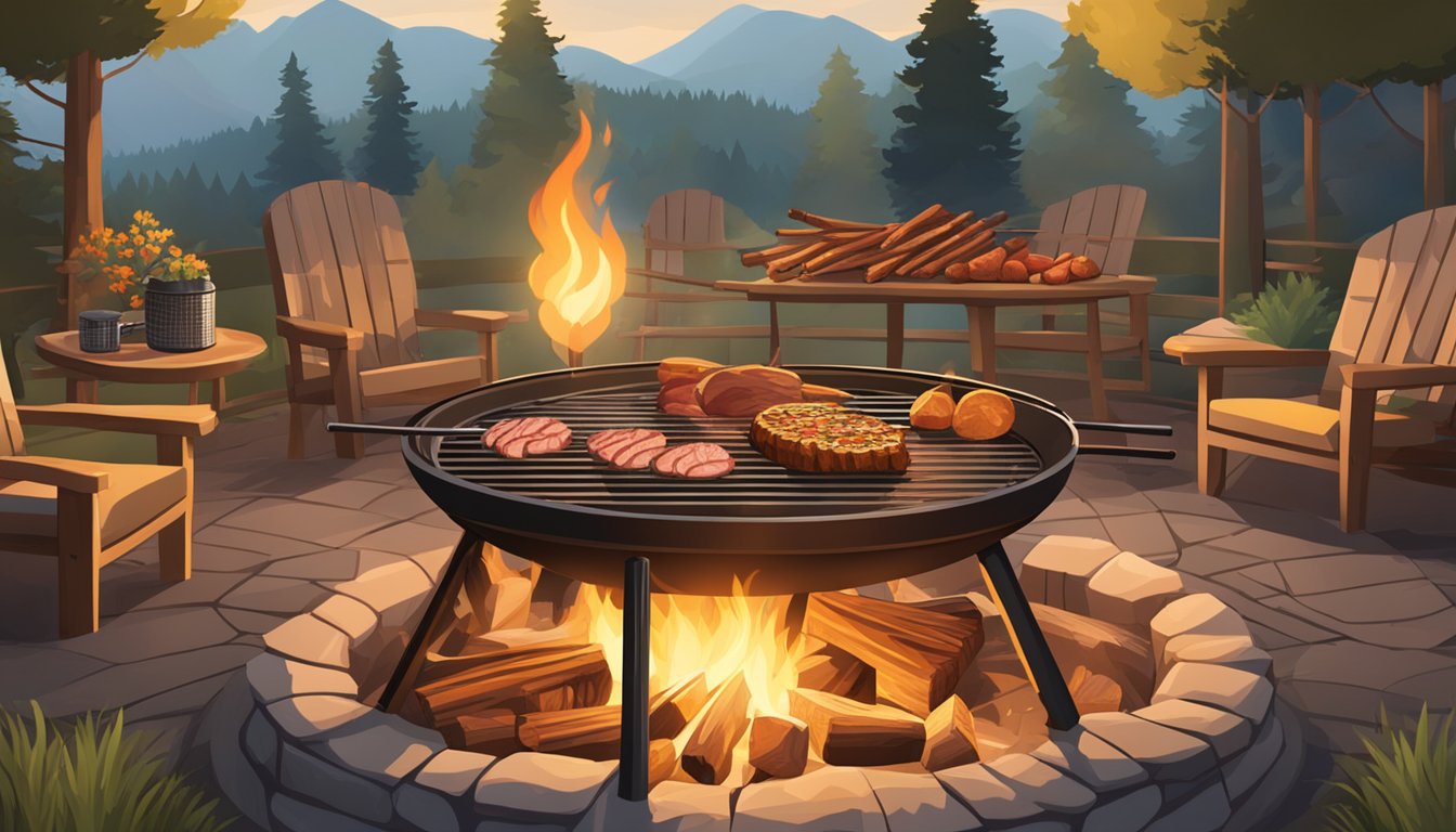 A large, open fire pit surrounded by seasoned wood, with a variety of meats roasting on spits above the flames