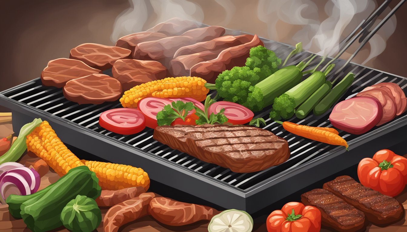 Assorted vegetables and meats sizzling on a hot grill, surrounded by the smoky aroma of Texas barbecue