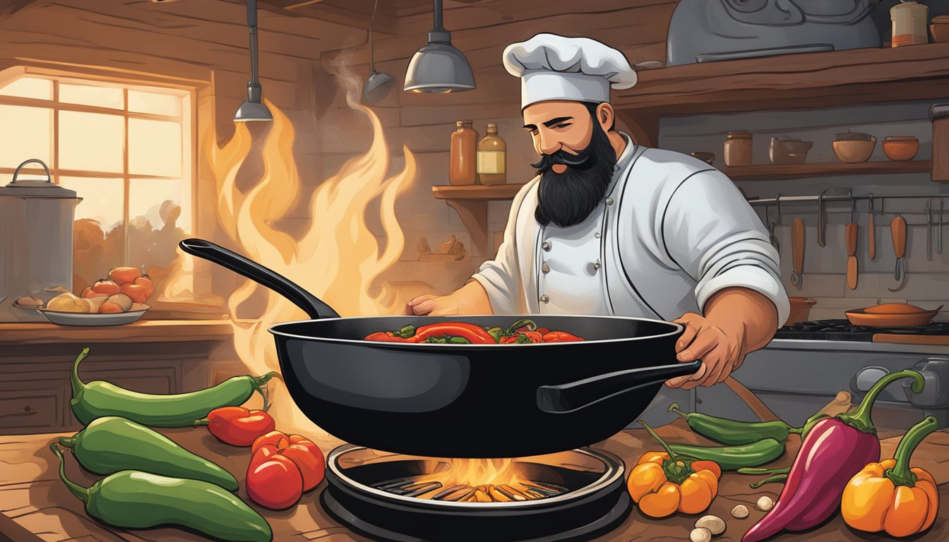 A cast iron skillet sizzles over an open flame, roasting peppers and onions, while a chef carefully seasons and stirs the ingredients, mastering the art of flavorful cooking in Texas