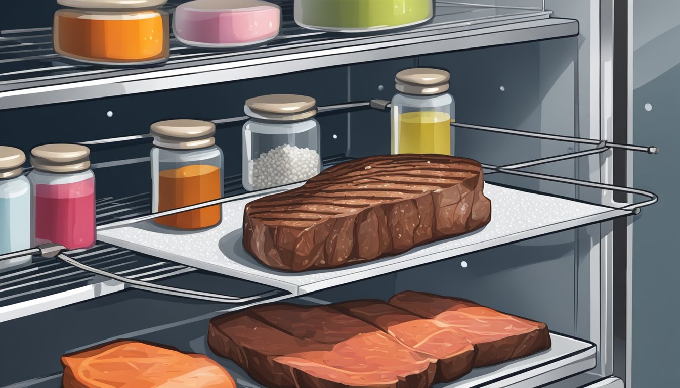 A steak sitting on a wire rack in a refrigerator, surrounded by salt and pepper shakers, with a thermometer nearby