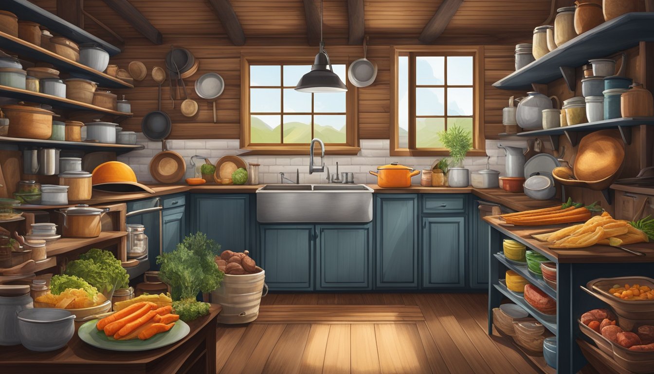 A cowboy hat hangs on a rustic kitchen wall, surrounded by shelves of preserved foods and cooking utensils. A large pot simmers on the stove, filling the room with the aroma of roasting meat