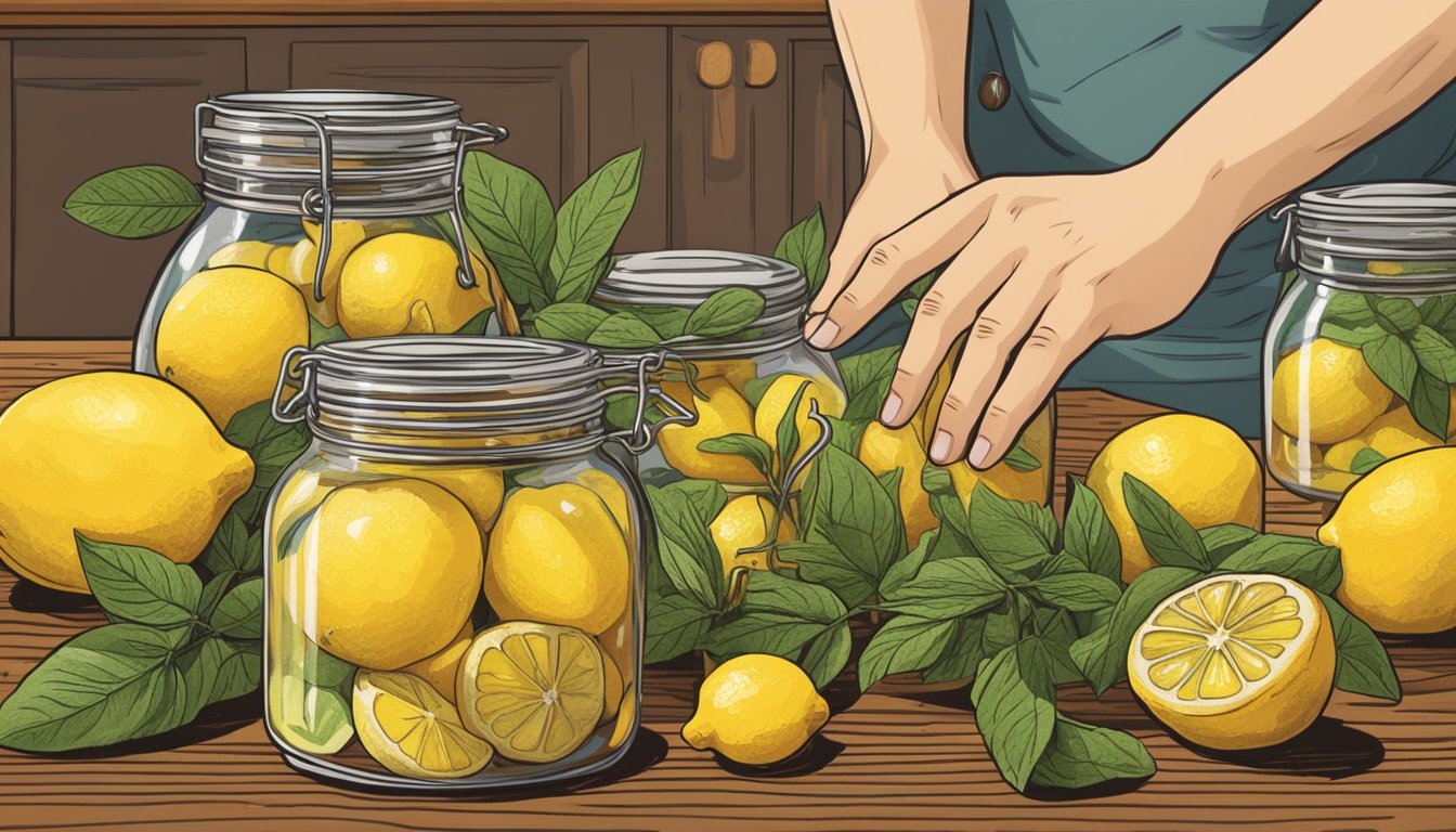 A hand reaching for a glass jar filled with preserved lemons, surrounded by fresh lemons, herbs, and spices on a wooden kitchen counter in Texas