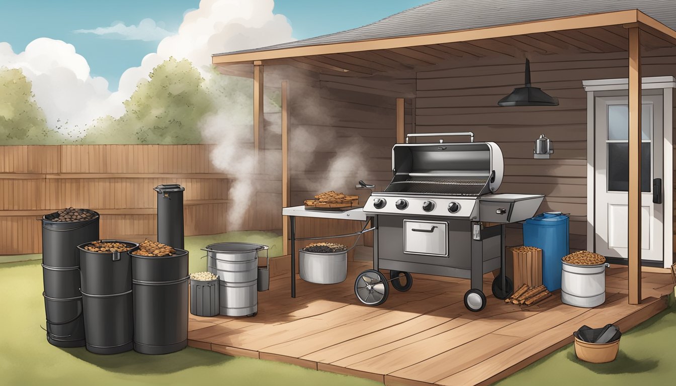 A Texas backyard with a brand new smoker being set up for its first use, surrounded by bags of charcoal, wood chips, and various barbecue tools