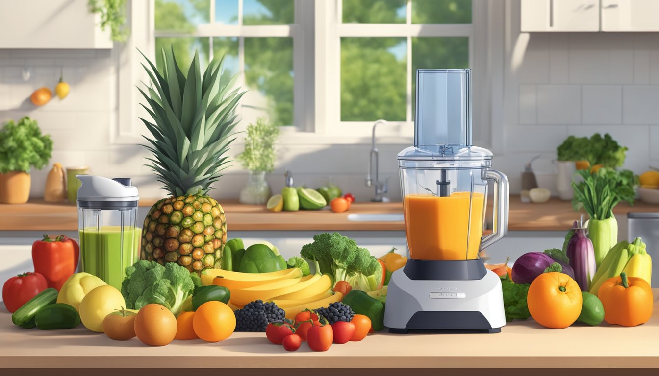 A blender surrounded by fresh fruits and vegetables, with a variety of ingredients scattered on a kitchen counter in a bright, sunlit Texas kitchen