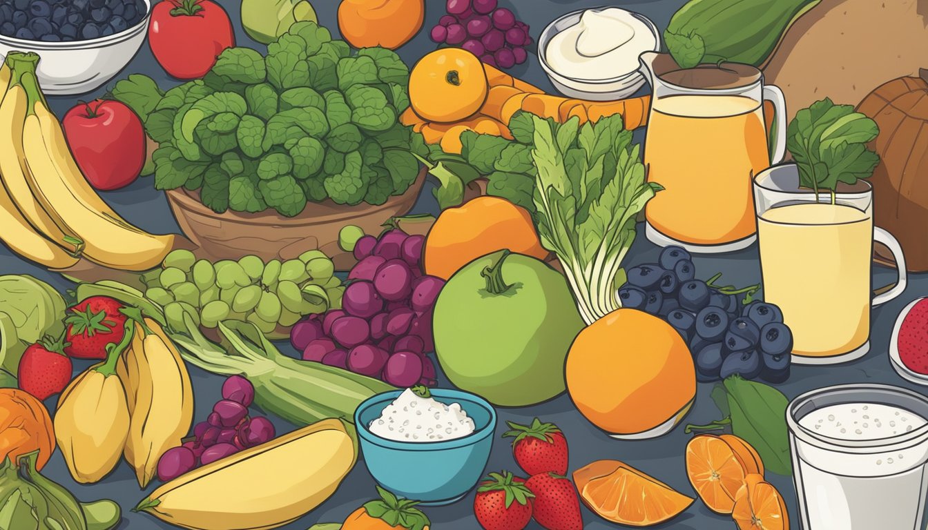 A colorful array of fruits, vegetables, and dairy products scattered on a kitchen counter in Texas. Blenders and smoothie ingredients are ready for use