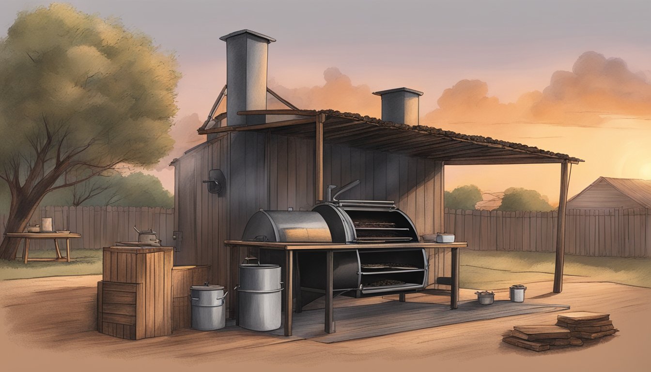 A rustic smoker sits in a Texas backyard, surrounded by mesquite wood and charcoal. The sun sets in the background as the smoker is being prepared for its first use