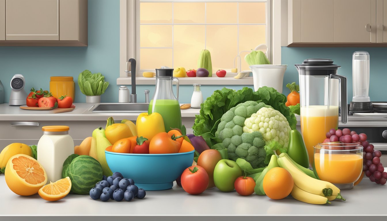 A colorful array of fresh fruits, vegetables, and dairy products arranged on a kitchen counter, with a blender and various containers nearby