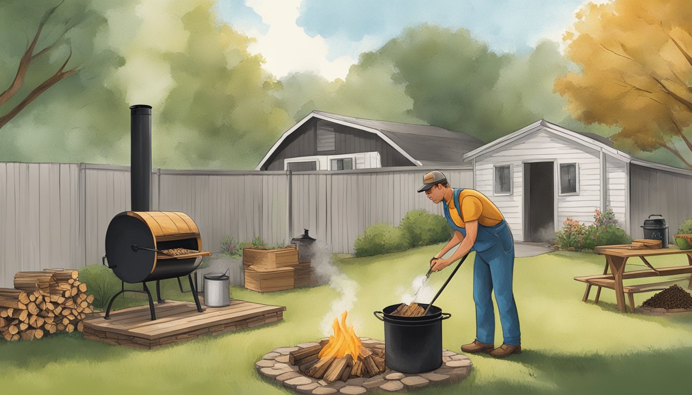 A person selects wood and fuel, preparing a smoker in a Texas backyard