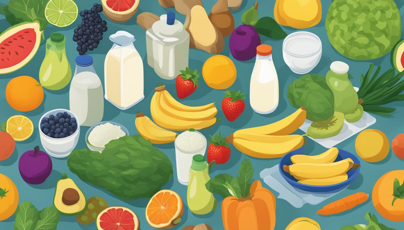 A colorful array of fresh fruits, vegetables, and dairy products arranged on a kitchen countertop in Texas. Blenders, ice, and various containers are also present