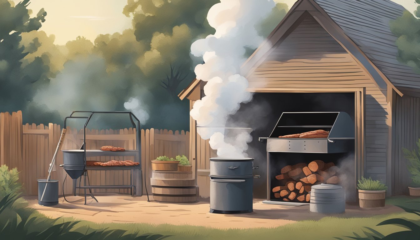 A rustic smoker sits in a Texas backyard, billowing smoke as the meat is carefully prepared for its first use