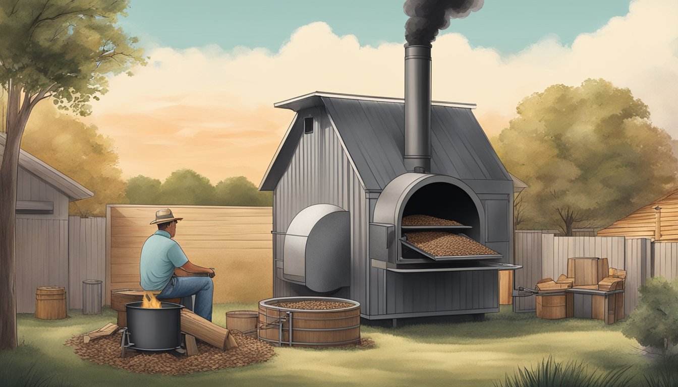 A large smoker sits in a backyard surrounded by Texas landscape. The smoker is being prepared for its first use, with wood chips and charcoal being loaded into the firebox