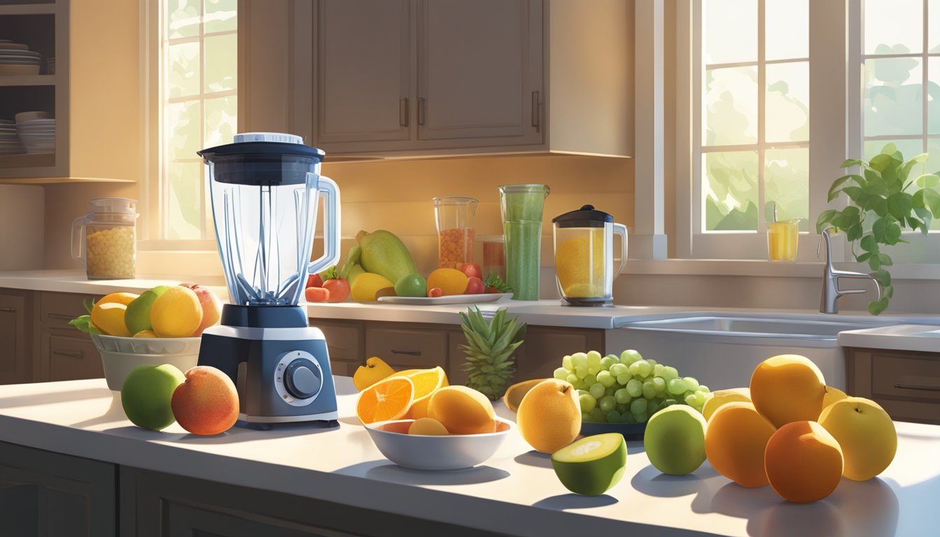 Fresh fruits, blender, and ice on a kitchen counter in Texas. Sunshine streams through the window onto the ingredients