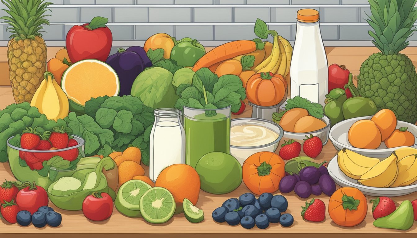 A variety of fresh fruits and vegetables, along with dairy or plant-based milk, are laid out on a kitchen counter in Texas. Blender and ingredients are ready to make no-recipe smoothies