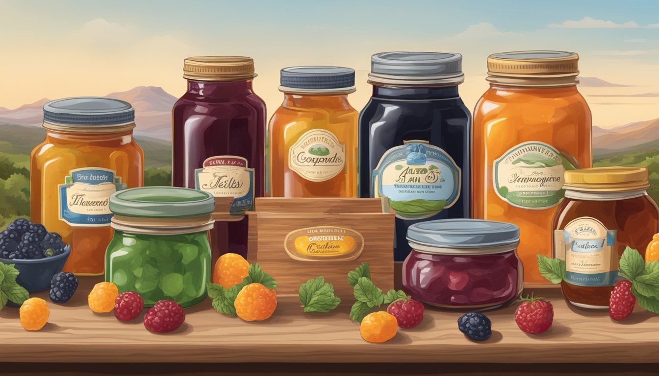 A table with jars of jellies, jams, compotes, and preserves, each labeled with their key ingredients and their functions, set against a Texas backdrop