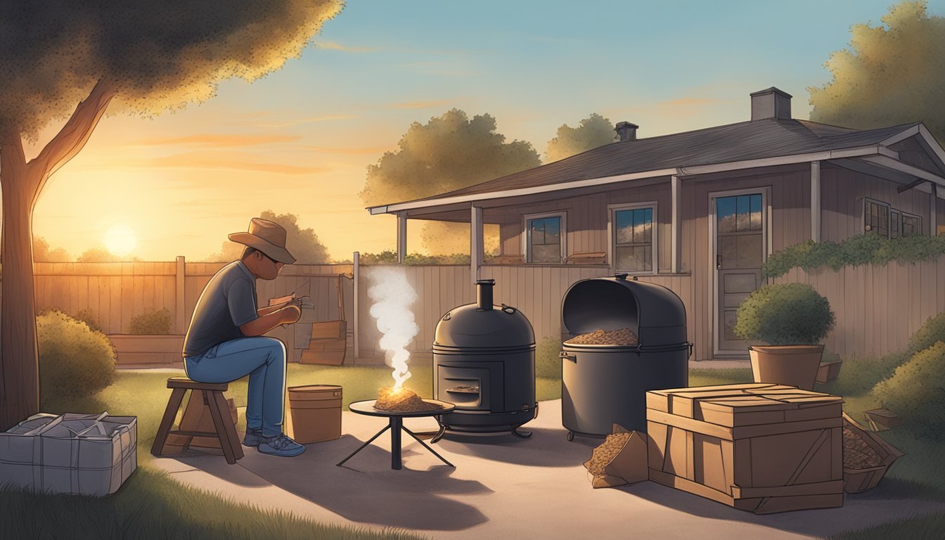 A smoker sits in a backyard in Texas, surrounded by bags of charcoal and wood chips. The sun sets in the distance as the smoker is prepared for its first use