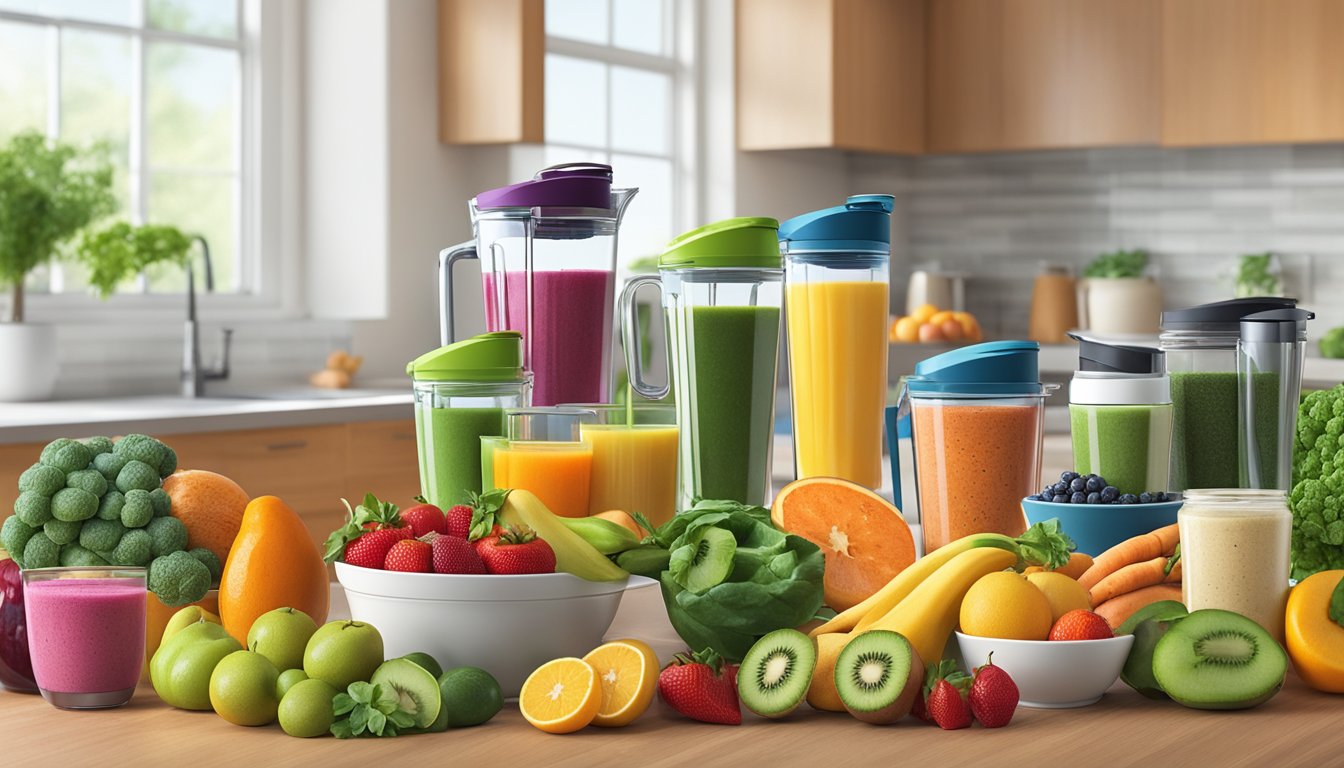 A colorful array of fresh fruits, vegetables, and various superfood powders arranged on a kitchen counter in Texas. Blenders and smoothie glasses are also present