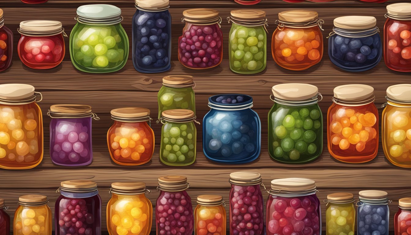 A spread of assorted jellies, jams, compotes, and preserves arranged on a rustic wooden table, each with unique textures and consistencies