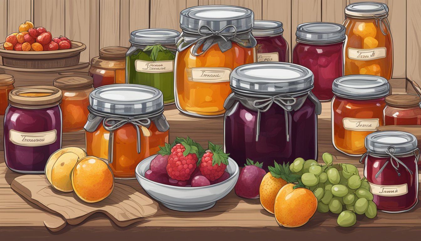 A table lined with jars of homemade jellies, jams, compotes, and preserves, each labeled with the fruit and method of preservation. Texas-themed decor in the background