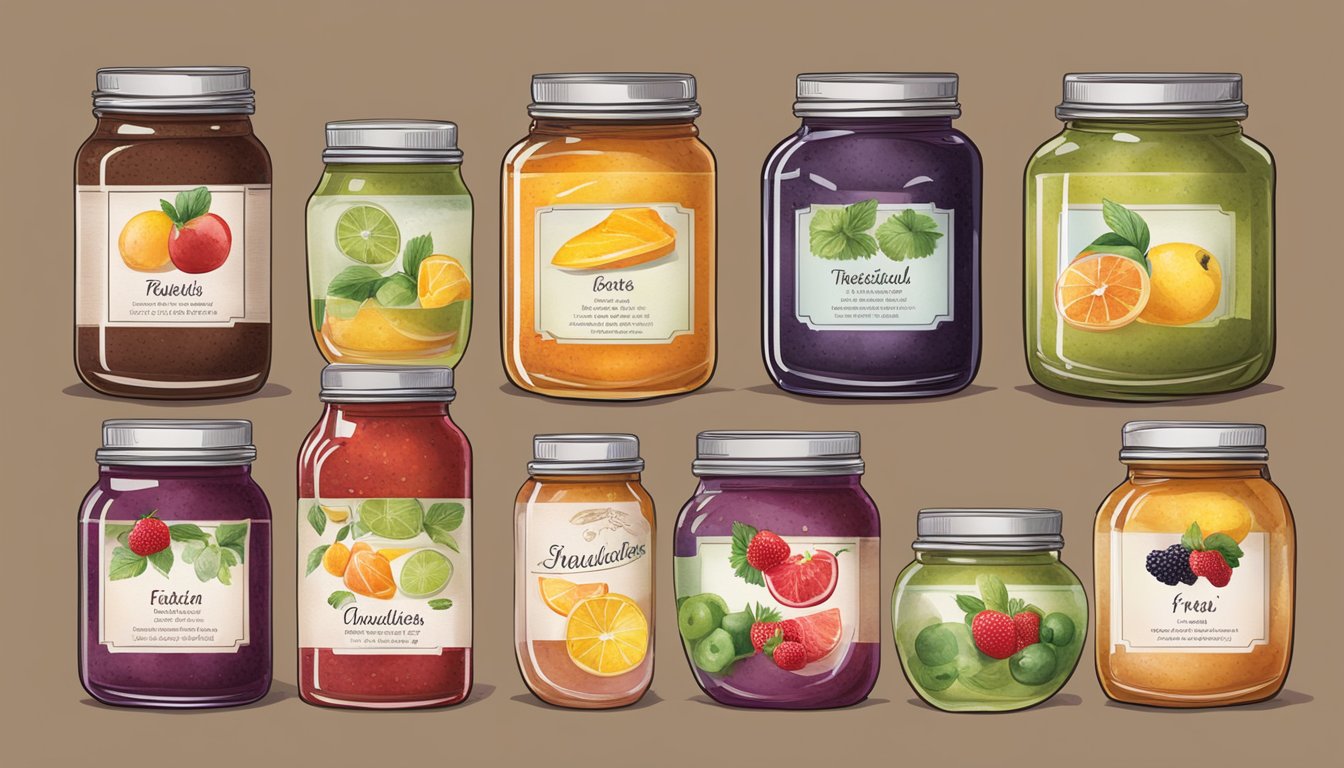 A colorful assortment of jars filled with various fruit spreads, each labeled with different regulations and guidelines