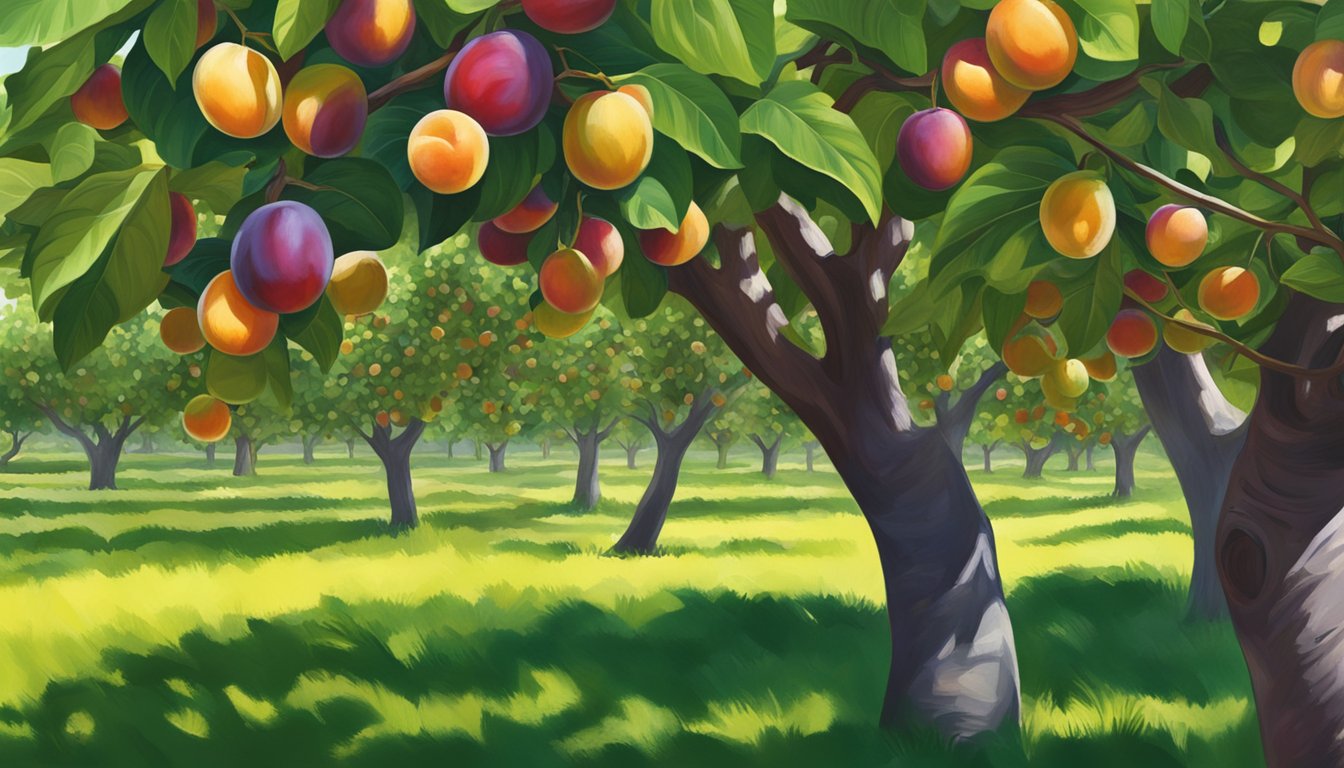 A lush Texas orchard filled with ripe plums of various colors and sizes, surrounded by vibrant green leaves and dappled sunlight