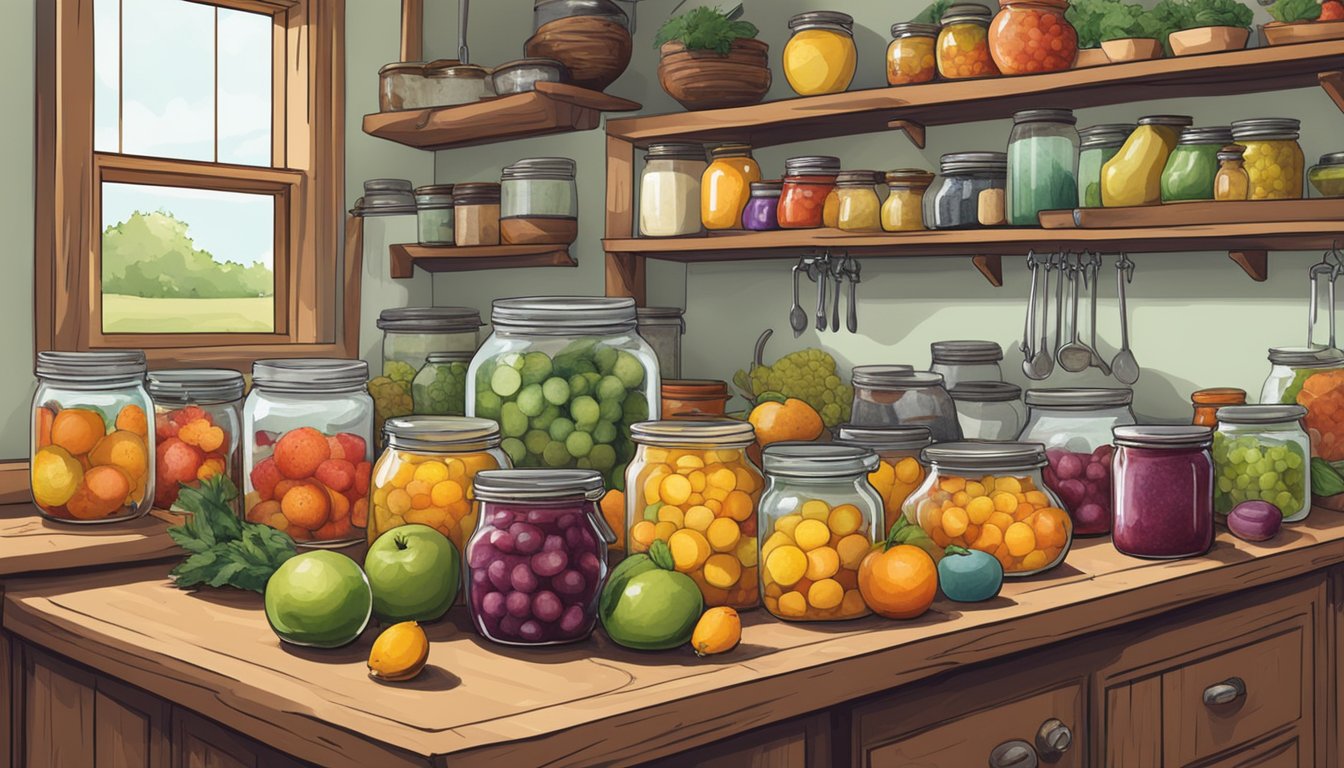 A rustic kitchen counter filled with fresh fruits, pots, and jars, as a person prepares homemade jellies, jams, compotes, and preserves in Texas