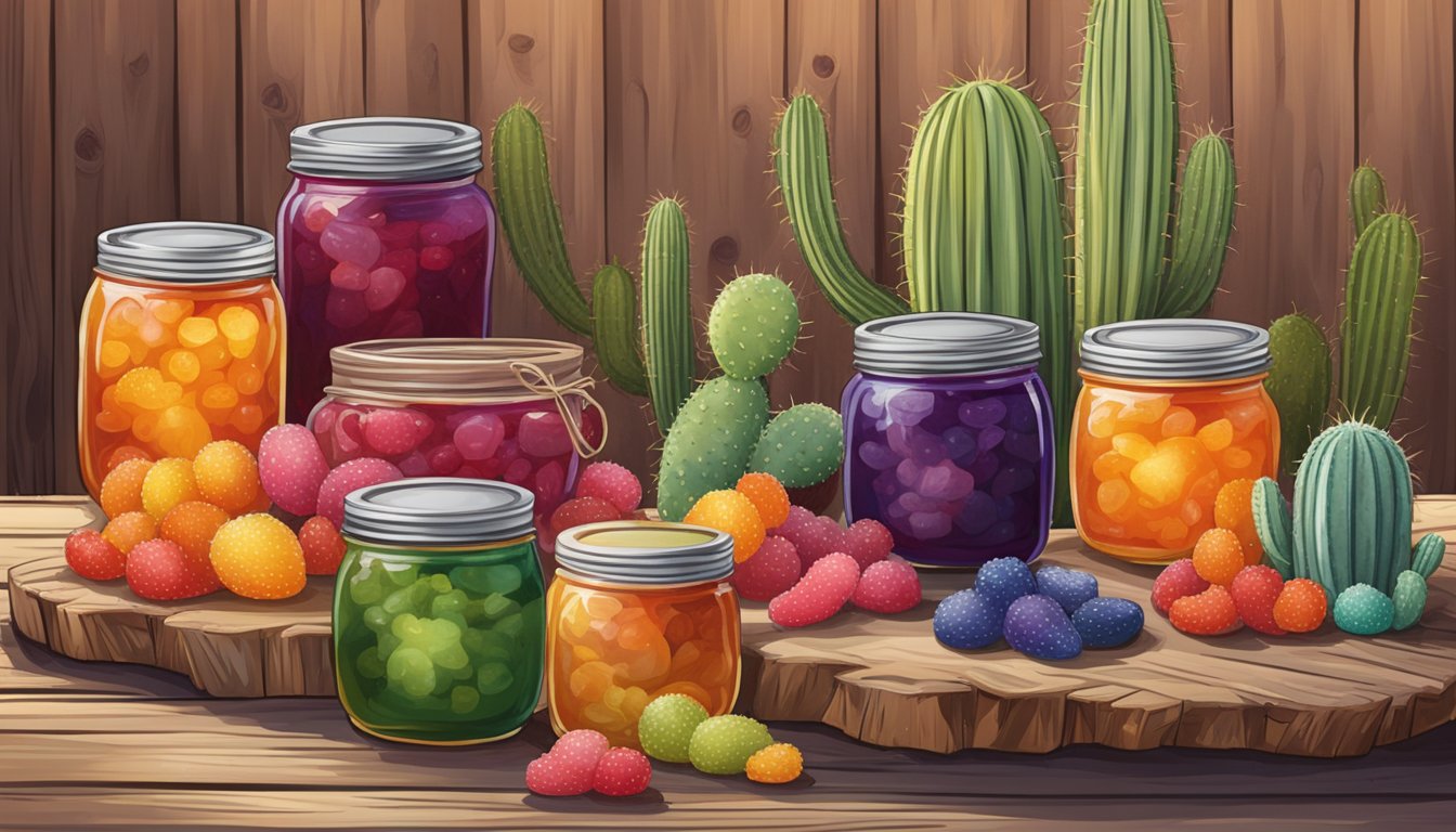 A colorful array of jellies, jams, compotes, and preserves arranged on a rustic Texas-themed table with cowboy hats and cacti in the background