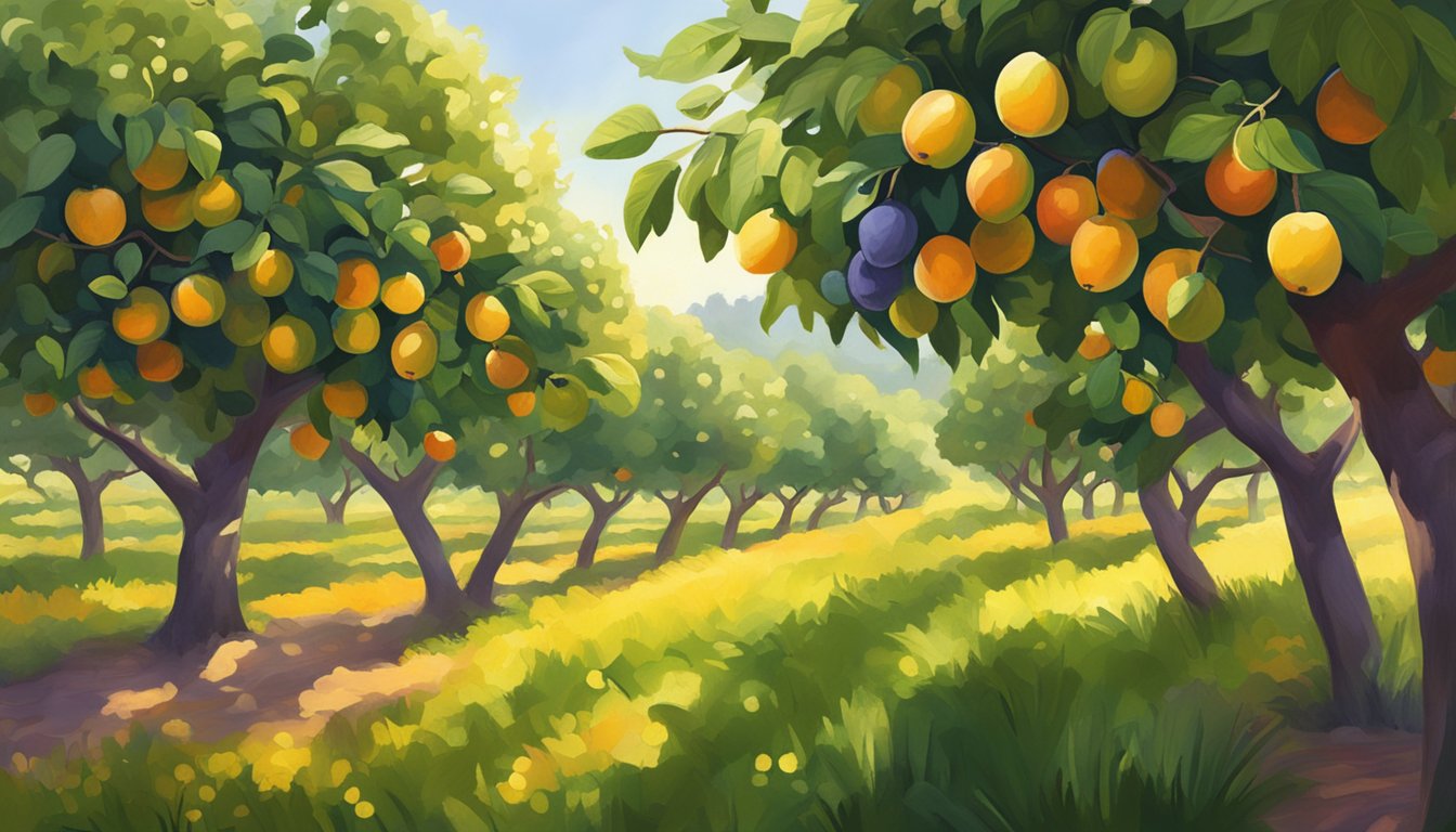 A lush Texas orchard bursting with ripe plums of various colors and sizes, surrounded by vibrant green foliage and the warm glow of the sun